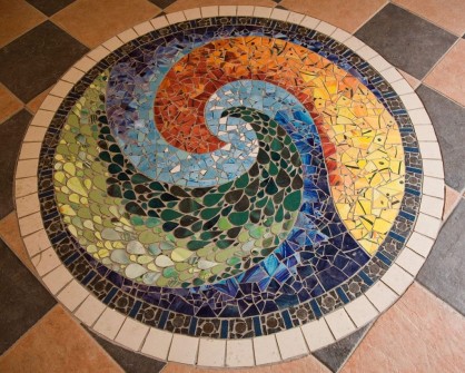 "Spiral" Ceramic and metal mosaic floor-panel in 'The Oratory' in Dun Laoghaire
